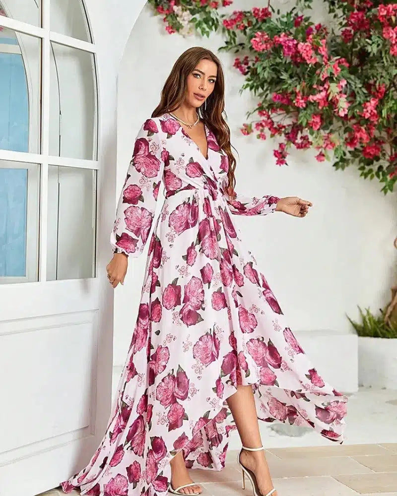 Robe bohème à manche longues avec motifs et col en v — vue 4
