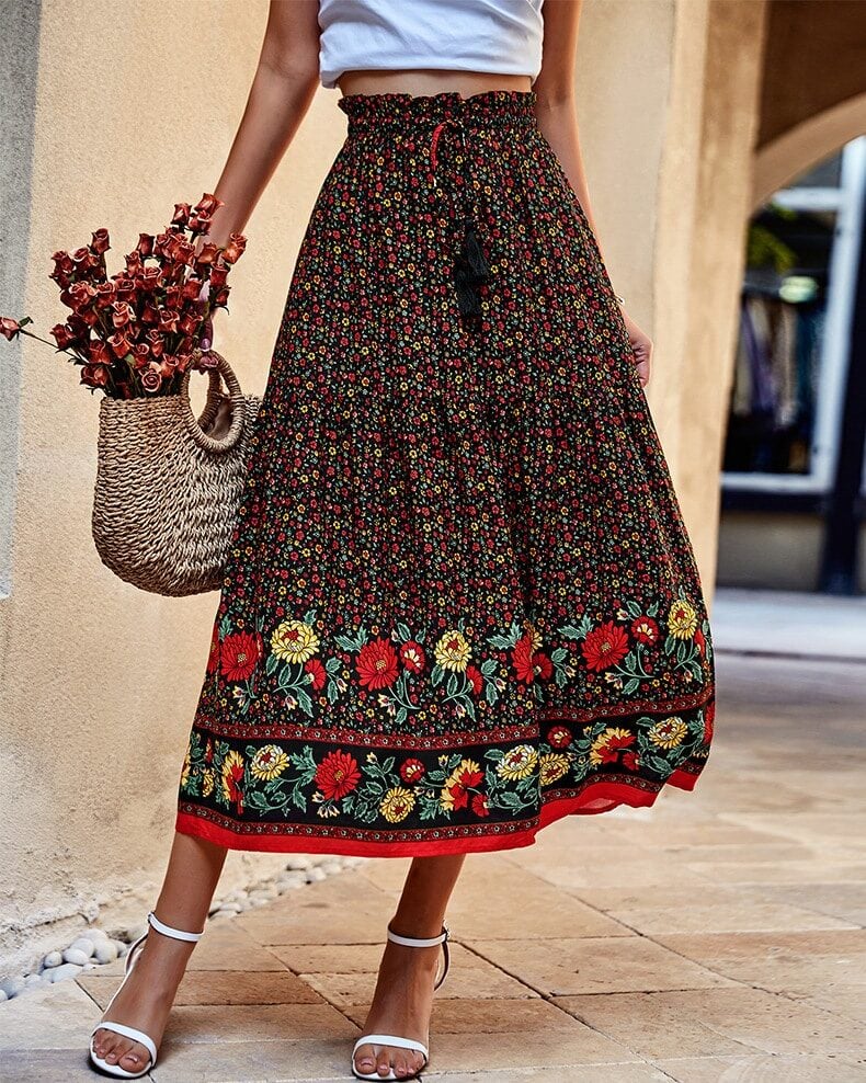 Jupe bohème longue noire taille haute confortable — vue 3