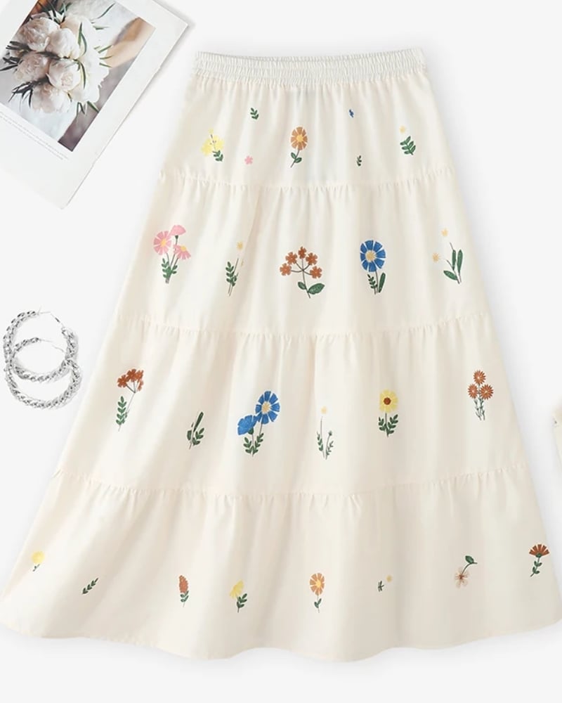 Jupe longue bohème plissée imprimé fleuri taille élastique — vue 9
