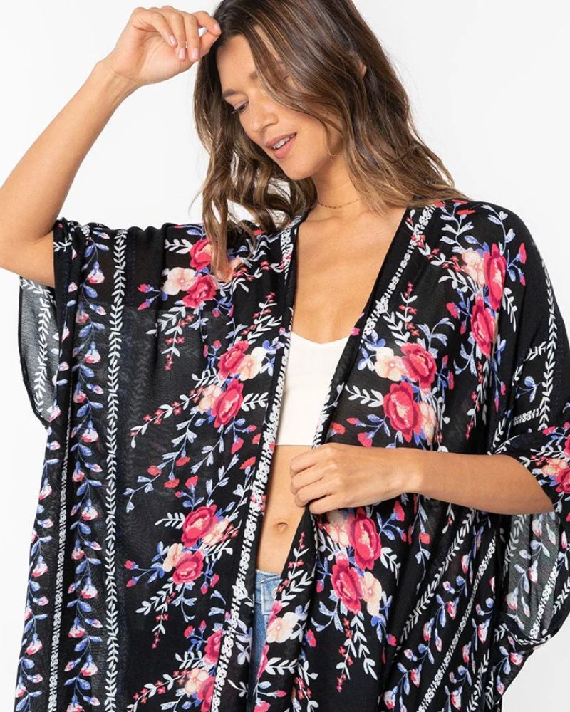 Kimono femme noir aux motifs floraux colorés — vue 4