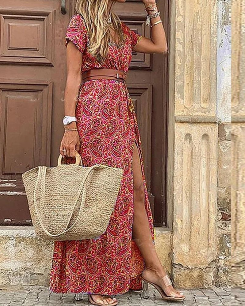 Robe bohème longue et ceinturée avec col en v — vue 3