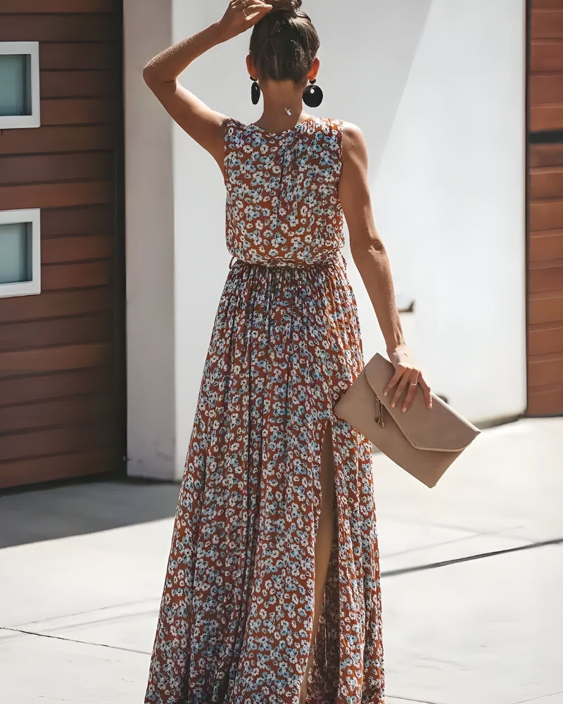Robe longue imprimé col v romantique fente — vue 4