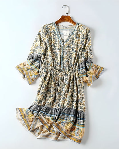 Robe mini manches évasées en viscose à imprimé floral bohème — BOHERIS