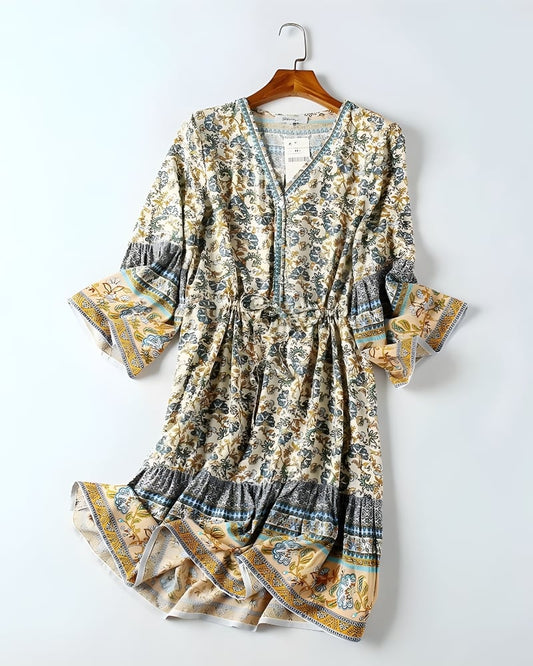 Robe mini manches évasées en viscose à imprimé floral bohème — BOHERIS