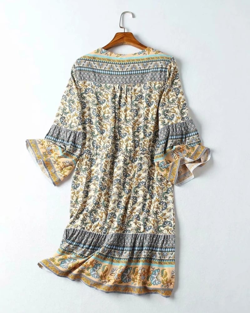 Robe mini manches évasées en viscose à imprimé floral bohème — vue 2