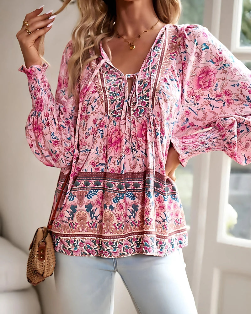 Blouse imprimée fleuri à manches longues décontractée style boho — vue 6