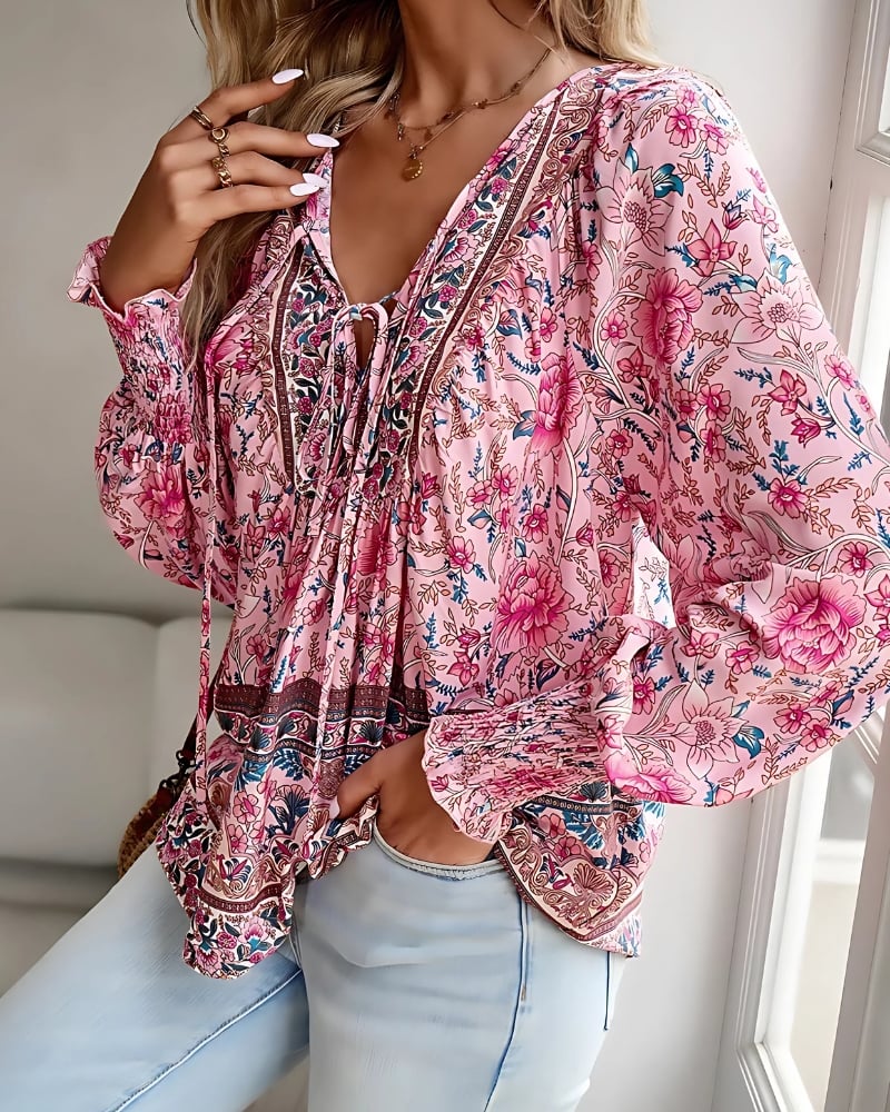 Blouse imprimée fleuri à manches longues décontractée style boho — vue 5