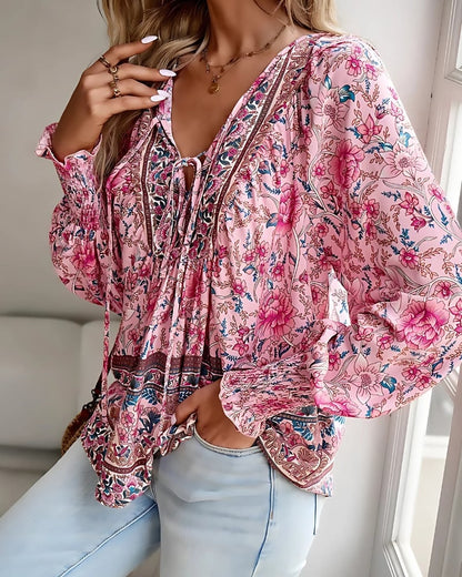 Blouse imprimée fleuri à manches longues décontractée style boho — vue 5