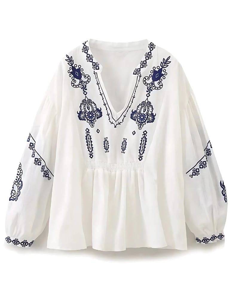 Chemise col v brodée à manches bouffantes — vue 2