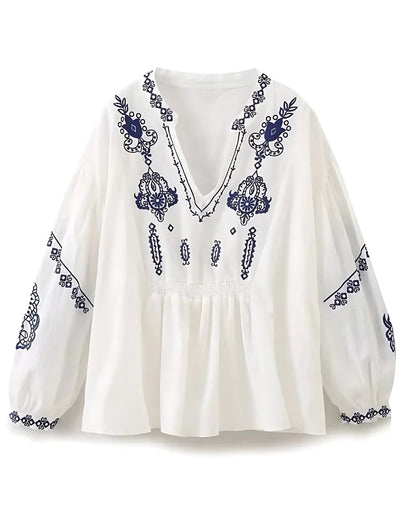 Chemise col v brodée à manches bouffantes — vue 2