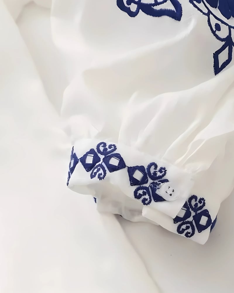Chemise col v brodée à manches bouffantes — vue 4