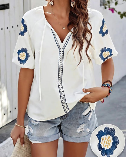 Chemisier col v boho à manches mi-longues bouffantes — vue 2