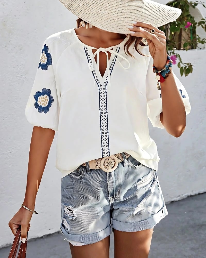 Chemisier col v boho à manches mi-longues bouffantes — vue 4