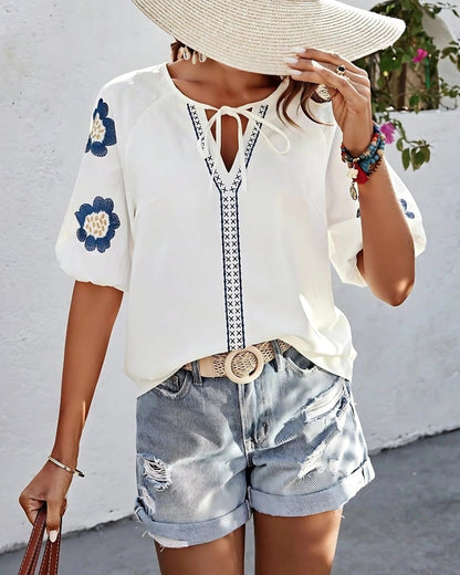 Chemisier col v boho à manches mi-longues bouffantes — vue 4