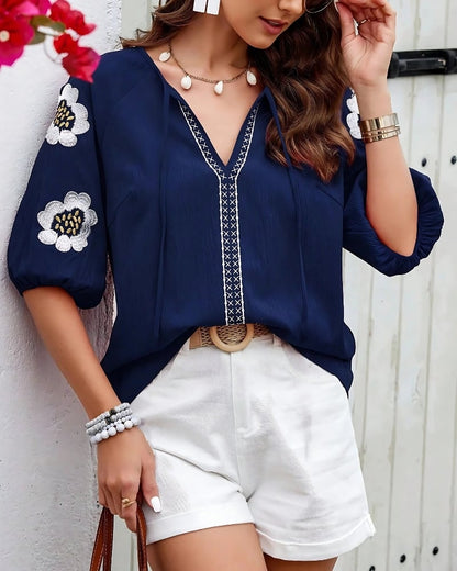 Chemisier col v boho à manches mi-longues bouffantes — vue 9
