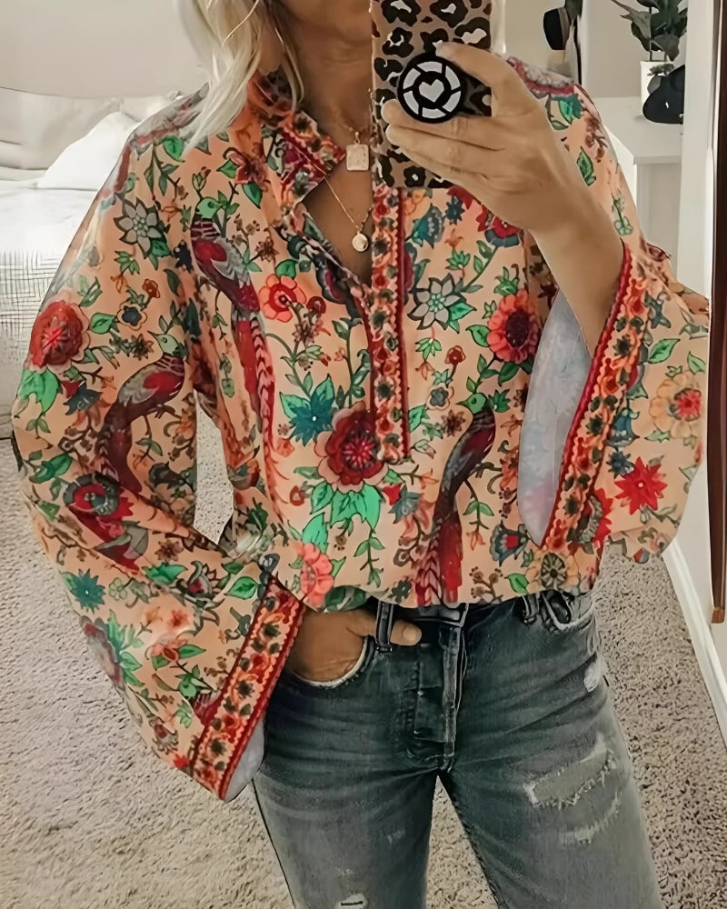 Chemisier imprimé floral col v décontractée manches longues style boho — BOHERIS