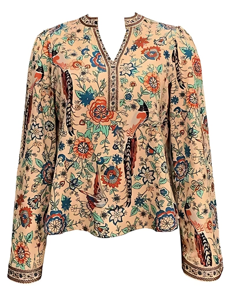 Chemisier imprimé floral col v décontractée manches longues style boho — vue 2