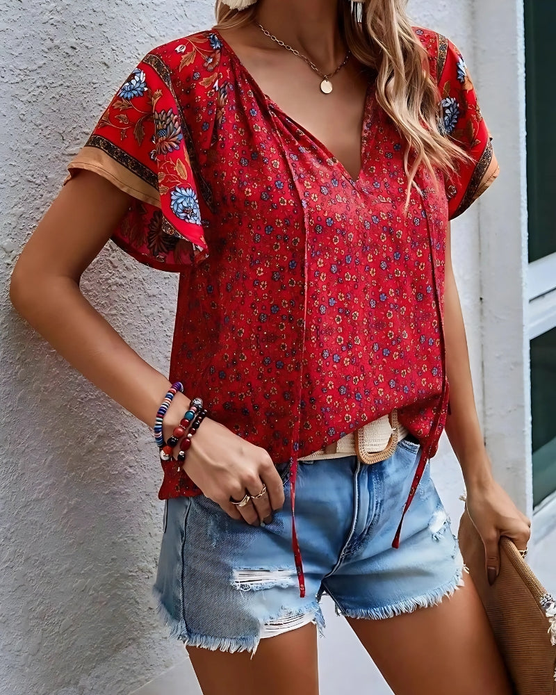 Chemisier à imprimé floral col v manches courtes style boho décontracté — vue 10