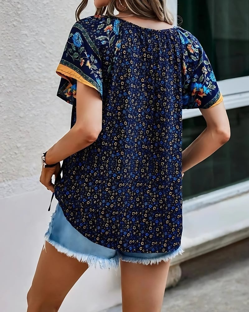 Chemisier à imprimé floral col v manches courtes style boho décontracté — vue 9