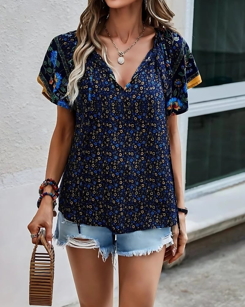 Chemisier à imprimé floral col v manches courtes style boho décontracté — vue 8