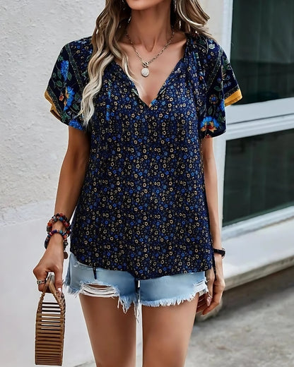 Chemisier à imprimé floral col v manches courtes style boho décontracté — vue 8