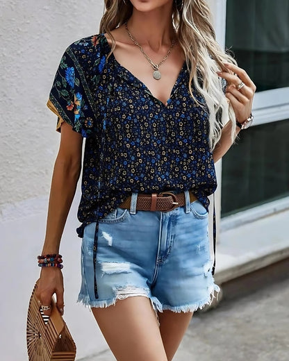 Chemisier à imprimé floral col v manches courtes style boho décontracté — vue 6
