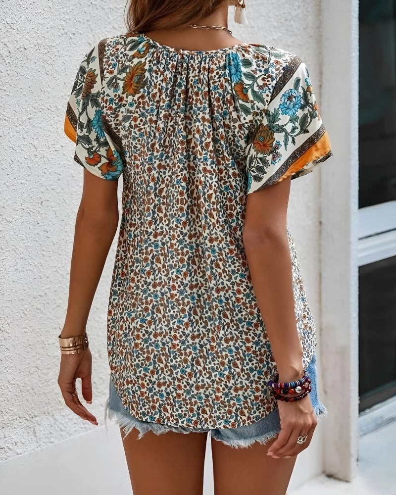 Chemisier à imprimé floral col v manches courtes style boho décontracté — vue 3