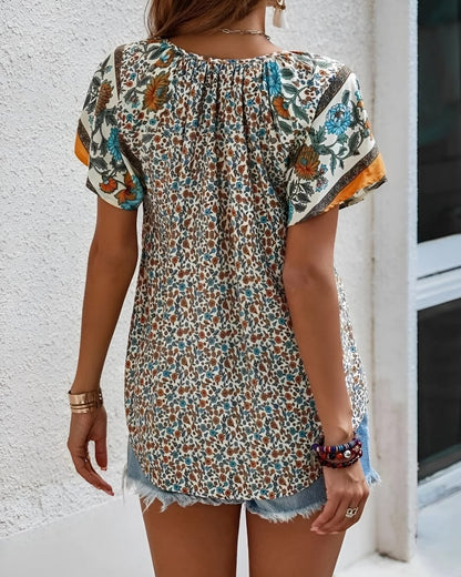 Chemisier à imprimé floral col v manches courtes style boho décontracté — vue 3