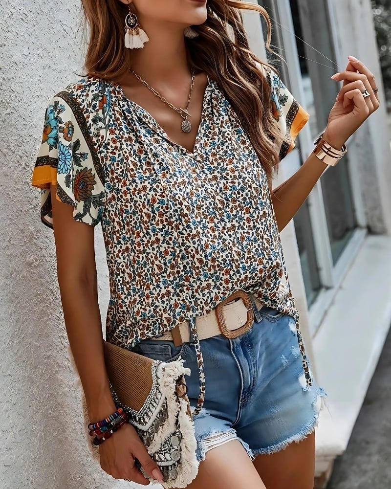 Chemisier à imprimé floral col v manches courtes style boho décontracté — vue 2