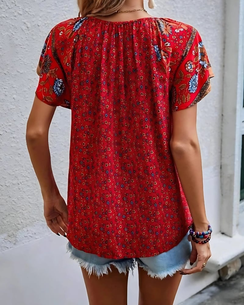Chemisier à imprimé floral col v manches courtes style boho décontracté — vue 14