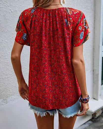 Chemisier à imprimé floral col v manches courtes style boho décontracté — vue 14