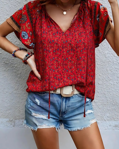 Chemisier à imprimé floral col v manches courtes style boho décontracté — vue 13