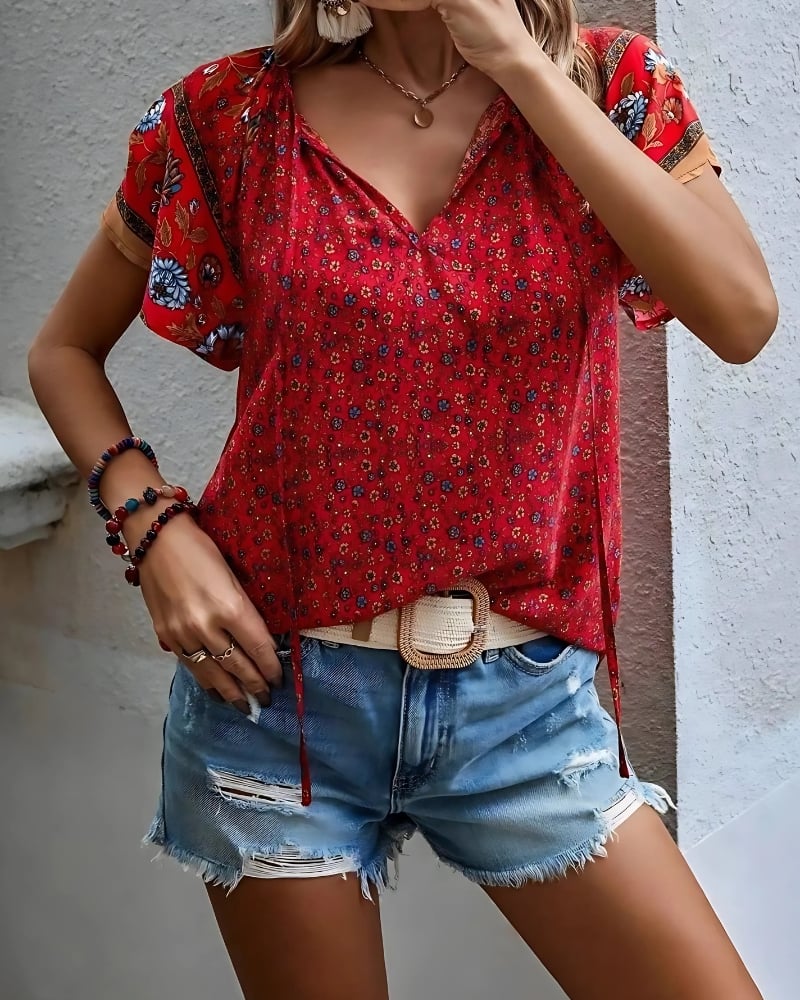 Chemisier à imprimé floral col v manches courtes style boho décontracté — vue 12