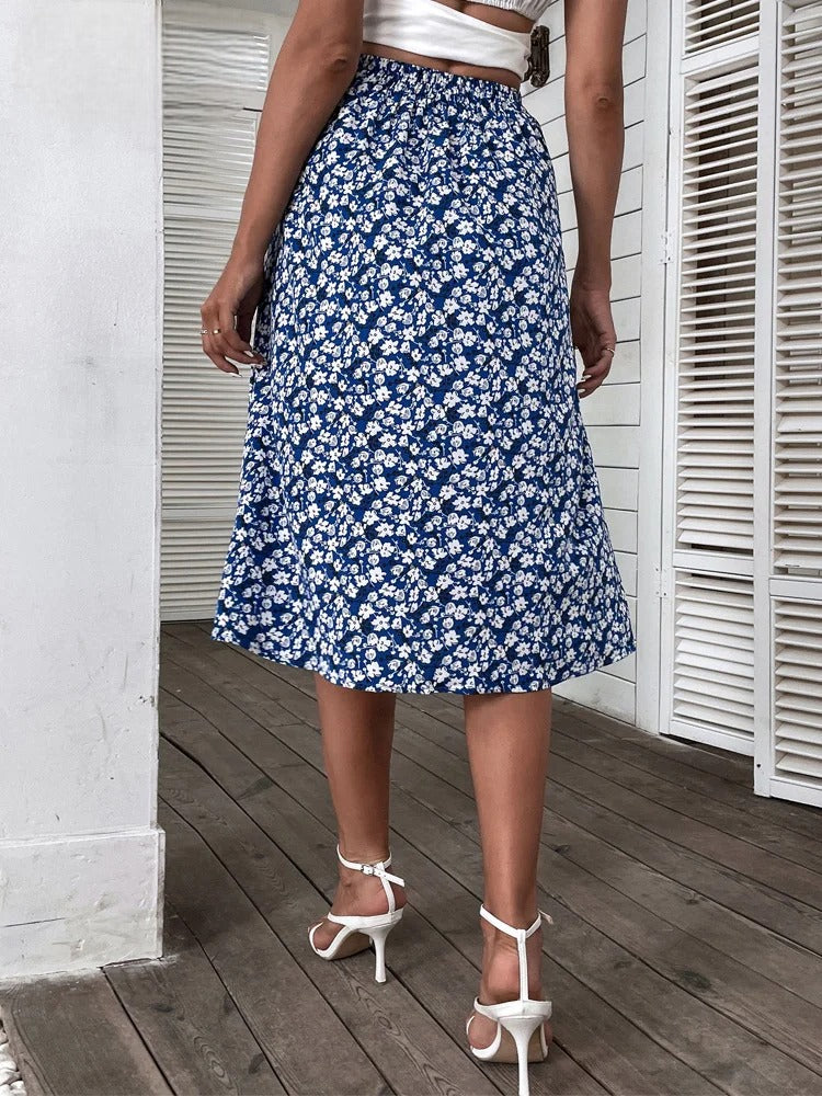 Jupe bohème longue bleue imprimée de fleurs — vue 2