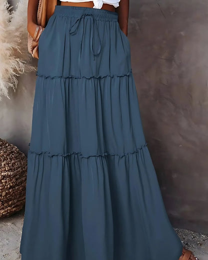 Jupe longue à volants superposés couleur unie taille haute — vue 3