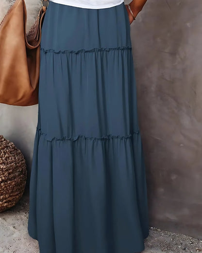Jupe longue à volants superposés couleur unie taille haute — vue 2