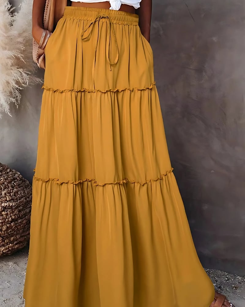 Jupe longue à volants superposés couleur unie taille haute — vue 6