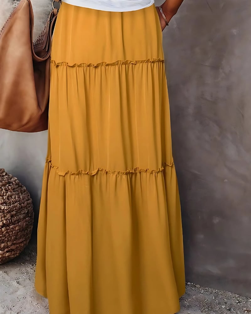 Jupe longue à volants superposés couleur unie taille haute — vue 5