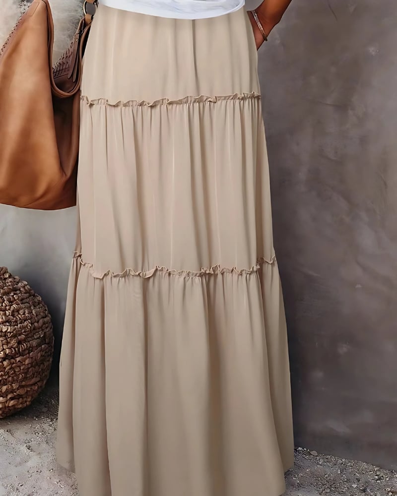 Jupe longue à volants superposés couleur unie taille haute — vue 8