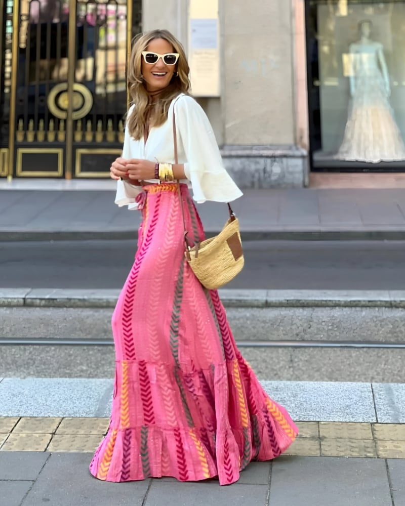 Jupe longue bohême ample imprimée à lacets taille haute — BOHERIS