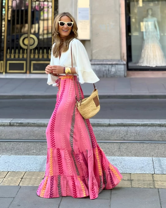 Jupe longue bohême ample imprimée à lacets taille haute — BOHERIS