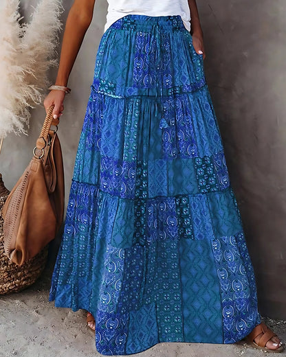 Jupe longue bohème taille haute à plusieurs niveaux avec poches — BOHERIS