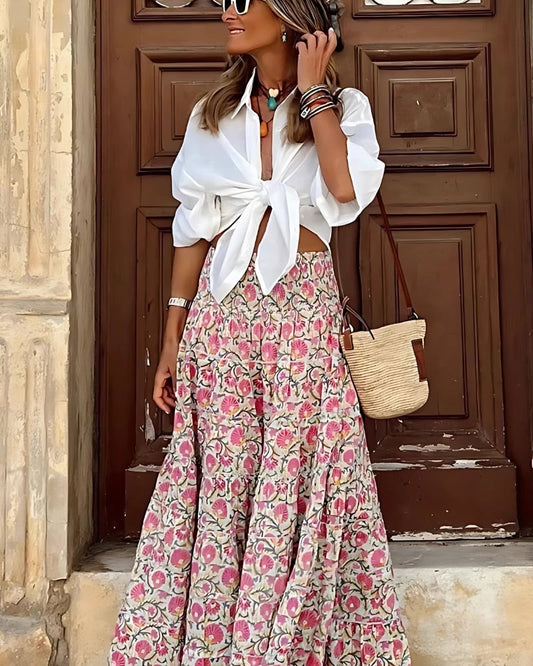 Jupe longue décontractée à imprimé floral taille haute élastique style boho — BOHERIS