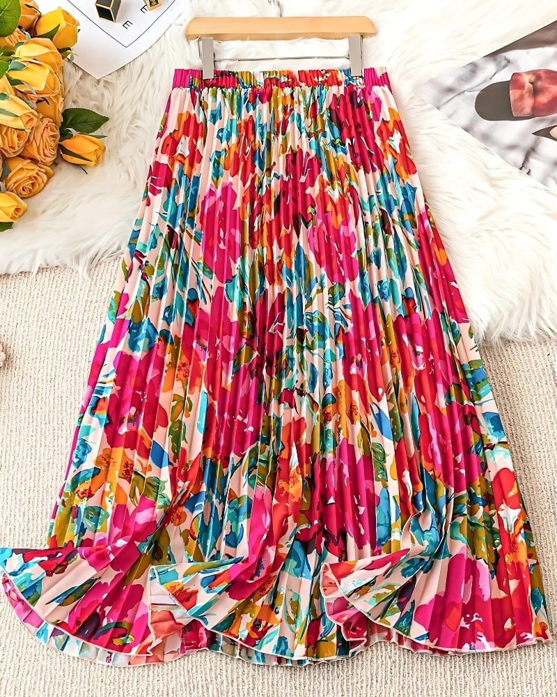 Jupe longue plissée taille haute à imprimé floral décontractée — vue 2