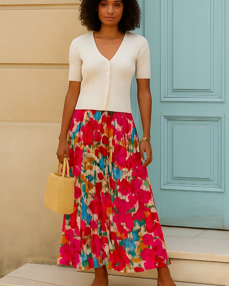 Jupe longue plissée taille haute à imprimé floral décontractée — vue 5