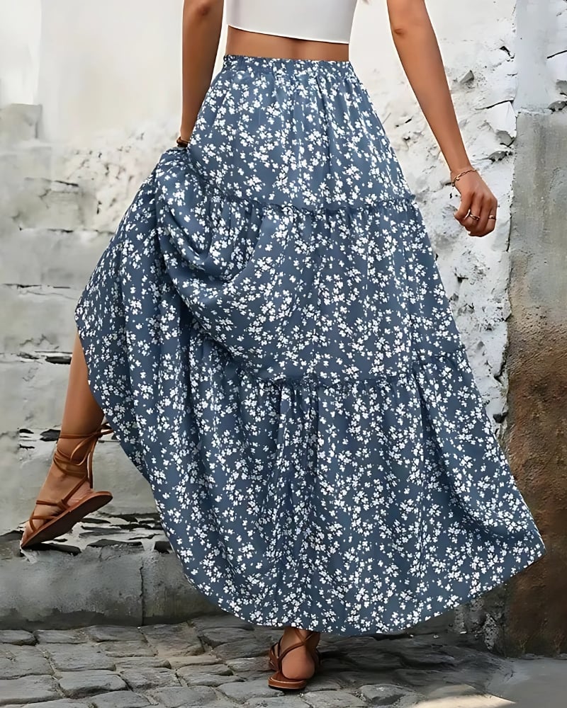 Jupe longue florale à ceinture élastique à trois niveaux — vue 2