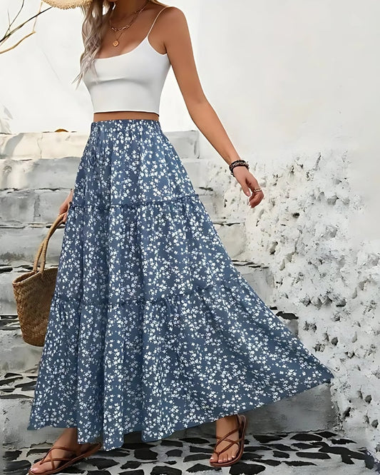 Jupe longue florale à ceinture élastique à trois niveaux — BOHERIS