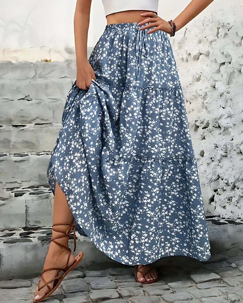Jupe longue florale à ceinture élastique à trois niveaux — vue 3