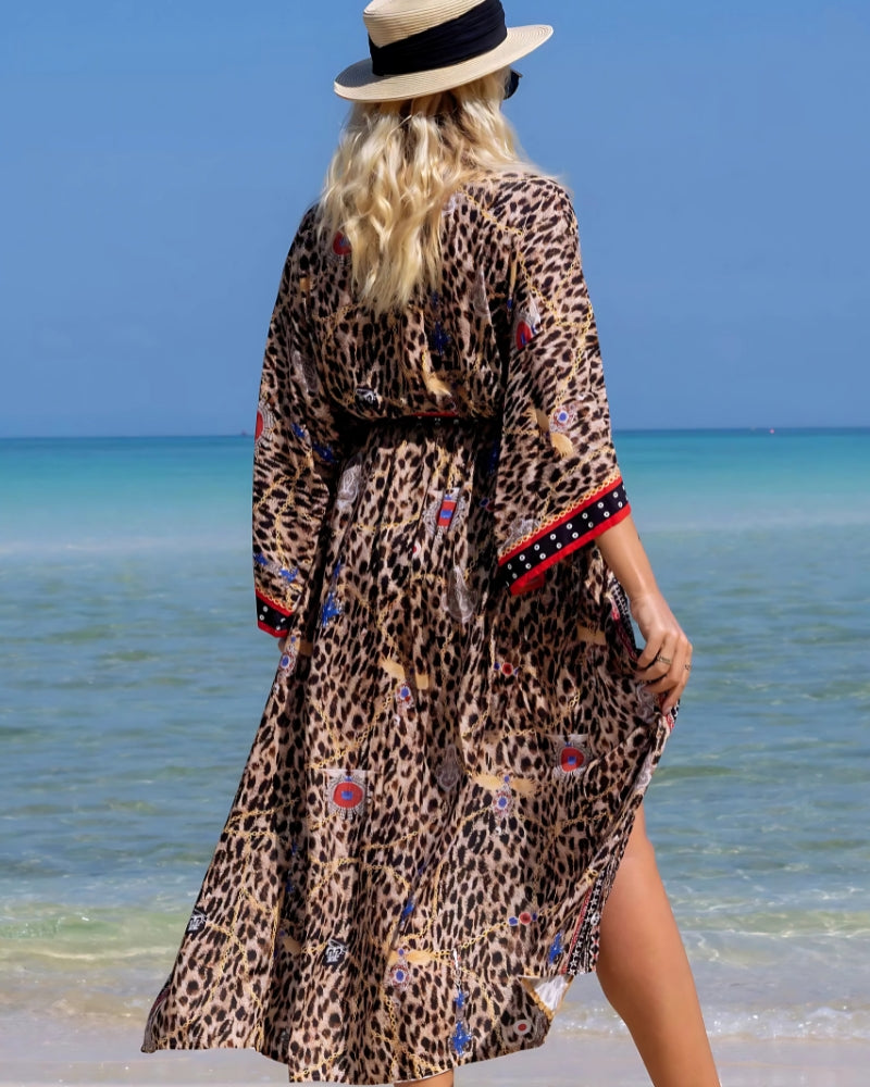 Kimono long imprimé léopard avec ceinture style boho — vue 2