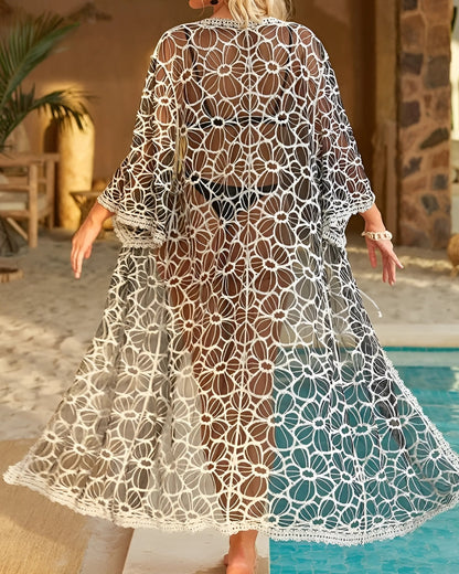 Kimono long transparent en dentelle brodé — vue 10